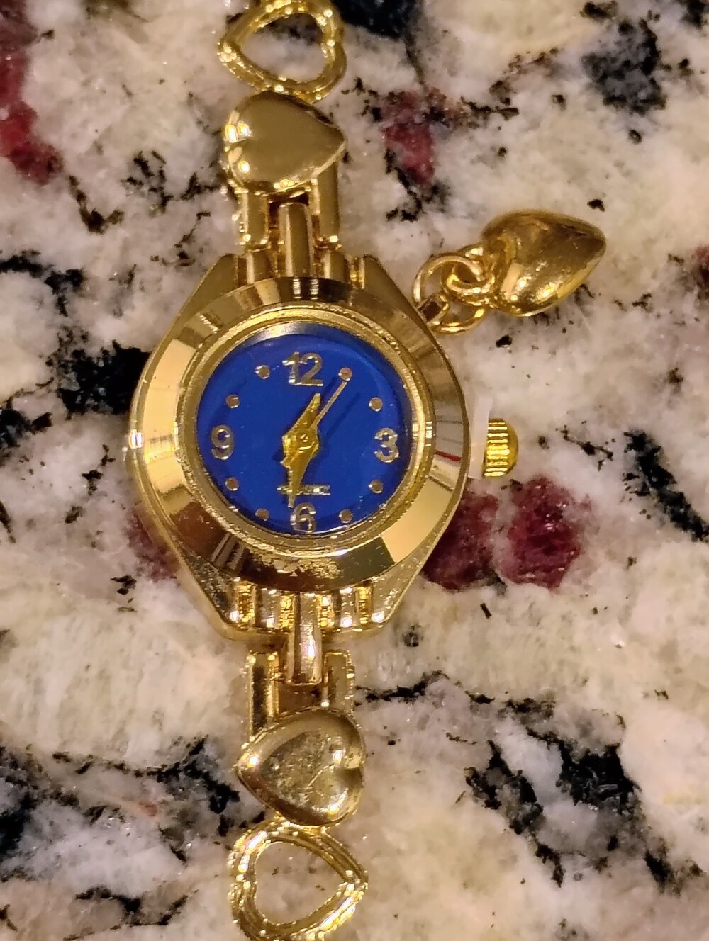 New Gold-Tone Women's Heart Link Watch with Blue Dial